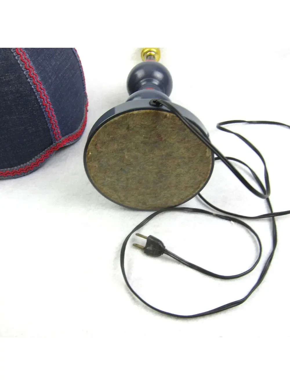 Vintage Country Table Lamp Blue & Red Denim Dome Clip On Shade Pillar WORKS